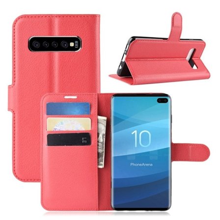 Samsung Galaxy S10 Plus litchi skin læder flip etui - Rød