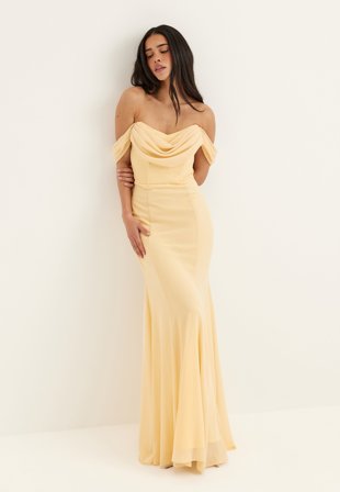 Goddiva - Chiffon Off Shoulder Maxi Dress - Butter Yellow