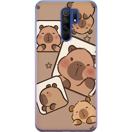 Yhteensopiva Puhelinkuori Xiaomi Xiaomi Redmi 9 Capybara Frame Friends Leikkisä suunnittelu, jossa on pieniä kapibaareja ruuduissa tähtien ja vaale