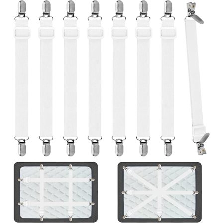 QU*Lakanklämmor justerbara 50-230 cm, lakanhållare, elastiska lakan för att hålla lakan, madrass, strykbräda, soffa (vit, 8)