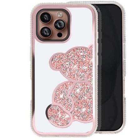 iPhone 16 Pro Max Fodral - AVIZAR - Glitter Teddy Bear Design - Shiny Rhinestone Outline - Rosa