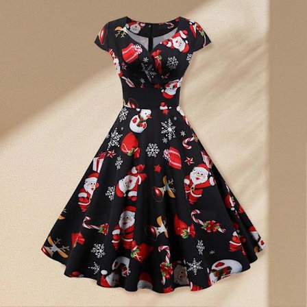 Jul Vintage Swing Kjole V-hals Kortermet Elegant Cocktailkjole for Jul Nyttårsfest JY14951