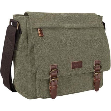 [LCS] Herre Messenger Bag Crossbody Skulder 15,6 Tommers Bærbar Vintage Canvas Aktveske Veske med Flere Lommer (Army Green)