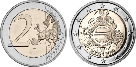 Belgien 2012 - 10 år for eurosedler og mønter - 2 euro mønt