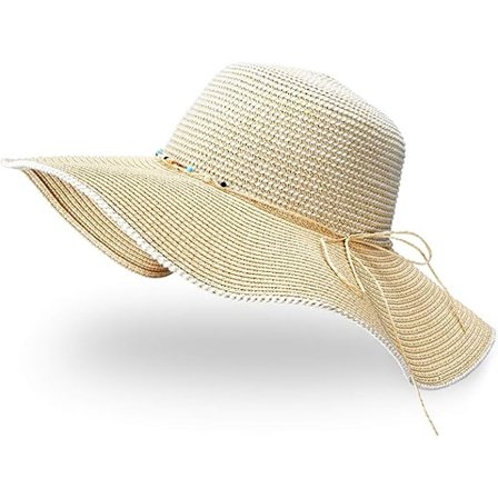 Dame Halmhat, Sommer Solhat Foldbar Anti-UV Strandhat med Bred Skygge og Justerbar Hagesnor til Rejser