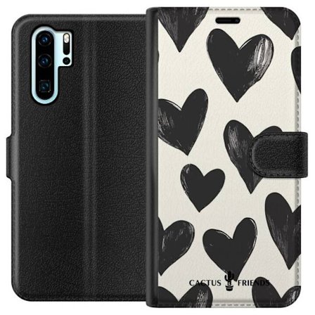 Kompatibel Tegnebogsetui til Huawei Huawei P30 Pro Cactus and Friends - Bold Black Love Pattern