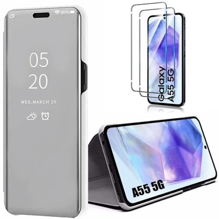 Beskyttelsesskal - BOOLING - til Samsung Galaxy A55 5G - Sølv - Spejleffekt - 2 hærdede glas inkluderet