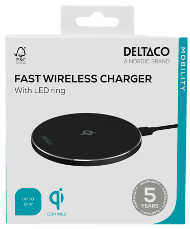 Deltaco Wireless charger, 15 W, USB-C, Qi certified, LED ring, black