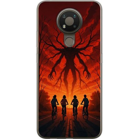 Yhteensopiva Puhelinkuori Nokia Nokia 3.4 Tumma Stranger Things -inspiroima kauhukuvaus punaisilla taivaalla, hirviöhahmo ja pyöräilevät lapset dr