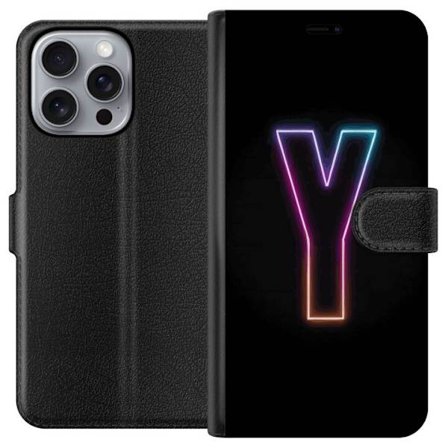 Yhteensopiva Lompakkokotelo Apple Apple iPhone 16 Pro Max Minimalistinen neonkirjain Y värinvaihtuvassa valossa mustaa taustaa vasten