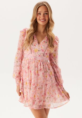 VILA - Viroman New V-neck L/S Short Dress - Misty Rose AOP:FLOWER