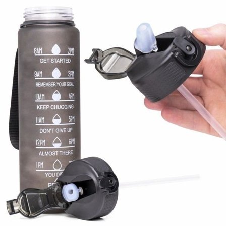 2-pakning - 1l Vannflaske med Sugerør & Tidsmarkør - Velg farge! Black 2-Pack (Svart + Blå)