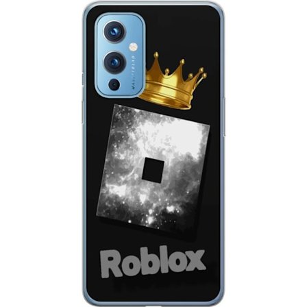 Kompatibel Mobilcover til OnePlus OnePlus 9 Minimalistisk sort og sølvfarvet Roblox-symbol med gylden krone og luksuriøs gamer-æstetik på mørk ba