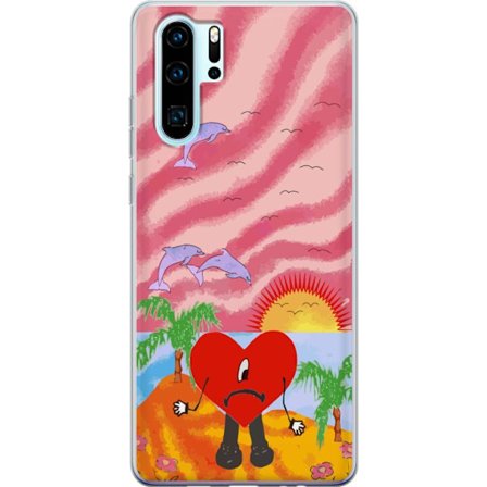 Kompatibel Mobilcover til Huawei P30 Pro Bad Bunny i en farverig quiltet jakke med hjertemønster og solbriller i moderne gade stil