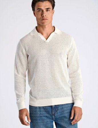 Lindbergh Crochet Knit L/S V-Neck Polo - White - S