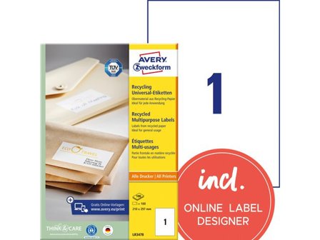 AVERY Etikett återvunnen 210x297mm 100/fp - Lyreco - Emballage och lagerutrustning - Etiketter och godsmärkning - Multifunktionsetiketter