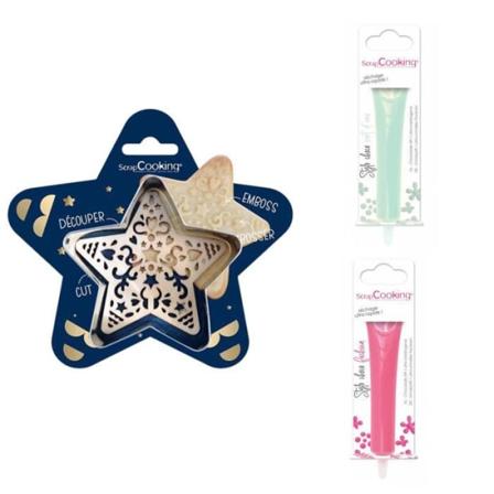 Kit för präglad kaka Star + 2 vattengröna och fuchsia chokladpennor