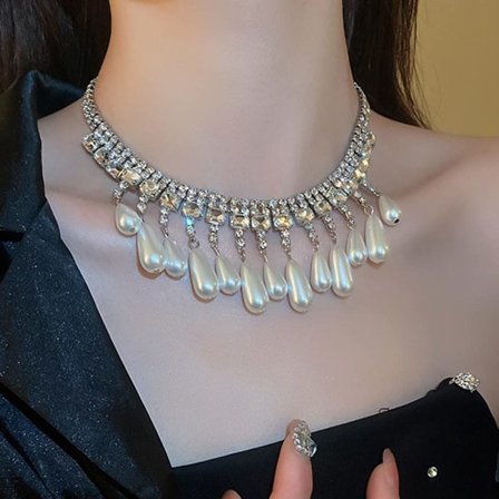 Silver Pearl Drop Pendant Unik Rhinestones Halsband Lång Kedja