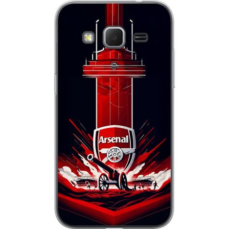 Yhteensopiva Puhelinkuori Samsung Galaxy Core Prime Arsenal-embleemi, jossa tykki ja stadionmotiivi voimakkaassa punaisessa ja valkoisessa urheilusuun