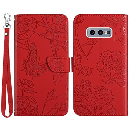 För Samsung Galaxy S10e PU läder Butterfly Flower Imprinted Stand Flip Cover Skin-touch Feeling Magnetic Folio Cover med handrem - Röd