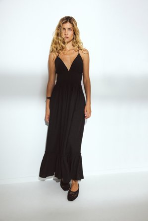 NA-KD Linen Blend Strap Midi Dress - Linned kjoler - Sort - EU 44