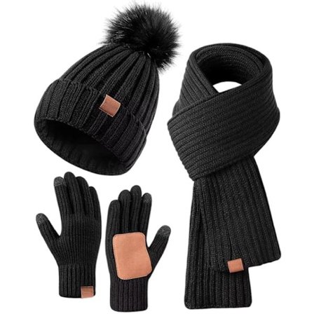 ING Kvinders Vinter Sæt 3-i-1 Hue, Langt Halstørklæde og Touchscreen Handsker med Pompom Varme Bløde Tilbehør til Koldt Vejr Sort Perfekt som Gave