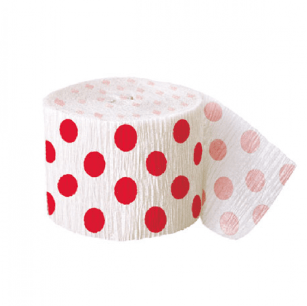 Crepebanderoll vit med röda prickar 914 cm - Partyninja.se