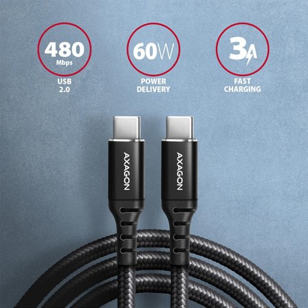 AXAGON BUCM-CM10AB USB-C zu USB-C 2.0 Kabel, 1m, PD 60W, 3A, geflochten - schwarz