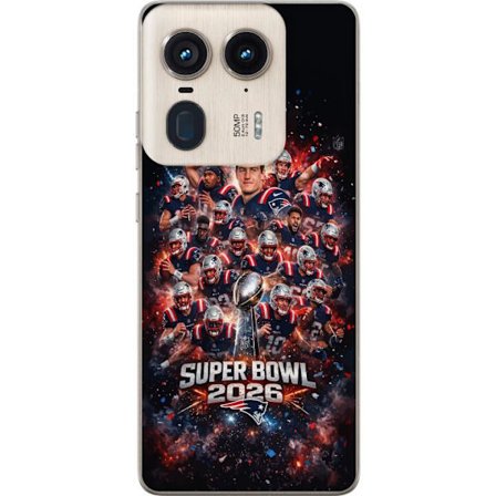 Yhteensopiva Puhelinkuori Motorola Edge 50 Ultra Super Bowl 2026 juliste, jossa New England Patriots ja NFL-mestaruuspalkinto räjähtävän urheilullises