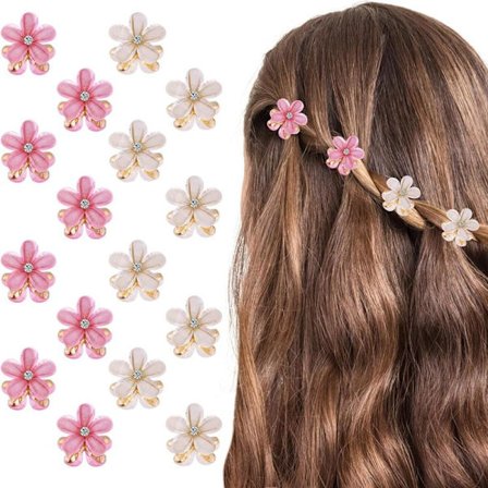 16 st Hårklämmor med Blommor, Kristall Strass Blomma Hårklämma Små Hårklämmor Mini Hårspännen Mode Håraccessoarer