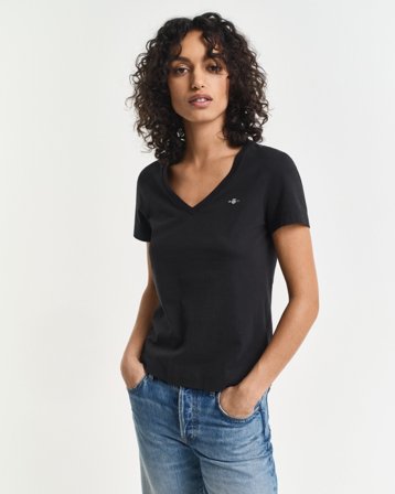 GANT Damen V-Neck T-Shirt (XXXL) Schwarz