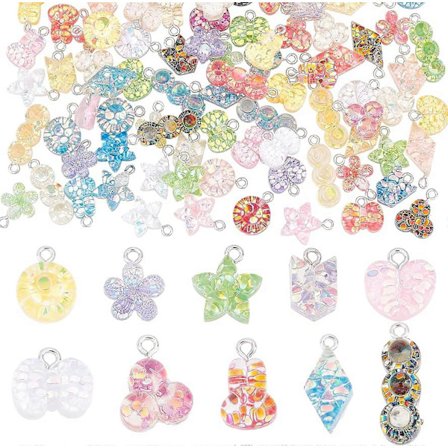 100 stk. Blomster Charms Hjerte Stjerne Vedhæng Sommerfugl Charms 10 Stilarter Farverige Epoxy Resin Charms Søde Charms Sequin Vedhæng Chunk Charms 