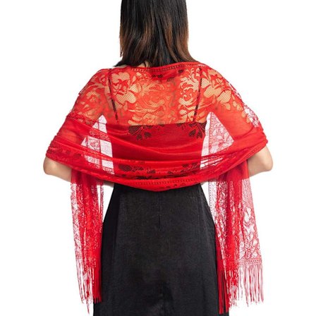 Bryllupssjal til kvinder, elegant sjal med blonder og frynser til ceremonier, fester og ferier