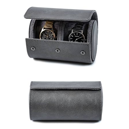 Kellolaatikko 2 lokerolla, kellorulla kellolaatikko lasikannella, kellolaatikko irrotettavalla kellotyynyllä, kellojen säilytys miehille (harmaa)