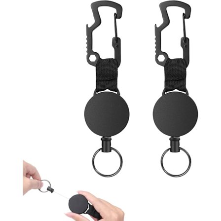 2 st svarta utdragbara nyckelringar, kraftig märkeshållare nyckelring, utdragbar nyckelring med 80 cm stålkabel, karbinhake
