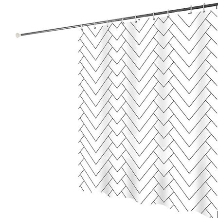 Svartvit duschdraperi i tyg, geometrisk V-design med stålhakar, enkel modern randig vit vattentät viktad, 120x180cm