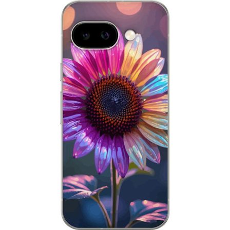 Kompatibelt Mobildeksel til Google Pixel 9a Irideserende blomst med glitrende kronblad i rosa lilla og gull mot myk bokeh bakgrunn