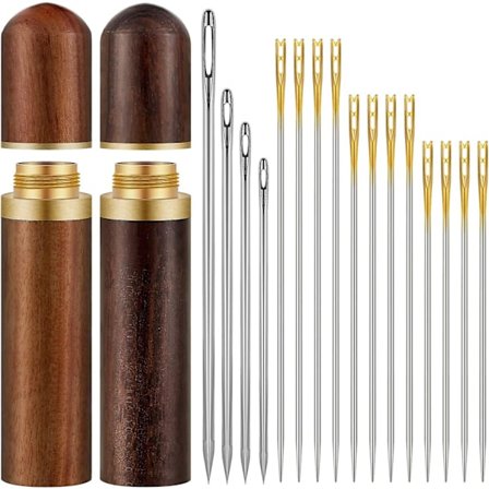 24 stk. selvtrådene nåle nemme trådene nåle og 4 stk. store øjne håndsyning nåle med 2 stk. træ nåle etui til opbevaring af håndlavede