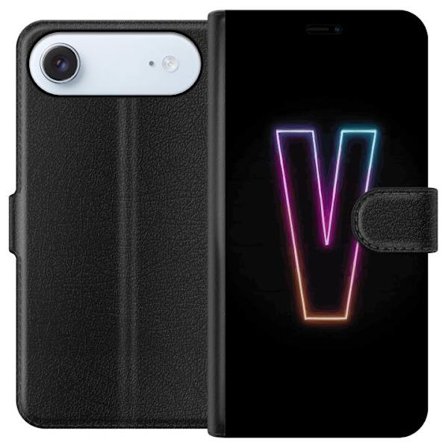 Yhteensopiva Lompakkokotelo Apple Apple iPhone 17 Air Neonkirjain V värikoodattu valossa mustaa taustaa vasten, minimalistinen muotoilu selkeällä h