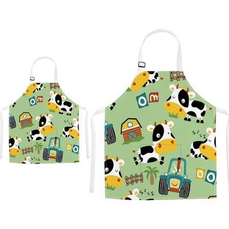 2-pak Matchende Forklesett for Foreldre og Barn, Søtt Ku-design med Lomme for Matlaging Baking Håndverk, Grønn