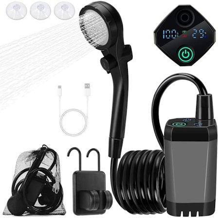 Camping Dusch Kit, 6000mAh Uppladdningsbar Elektrisk Duschpump, Portabel Dusch med Smart Digital Display
