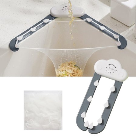 Kjøkken Triangel Vaskefilter Tri-Holder Kjøkken Vaskefilter Avløpsfilter med en sammenleggbar stativ og 100 stk filtreringsnettposer - Grå