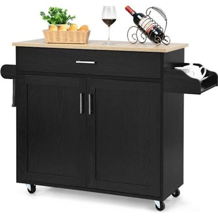 COSTWAY køkkenvogn, køkkenø på hjul med stort skab, skuffe, krydderihylde og håndklædestativ Sort