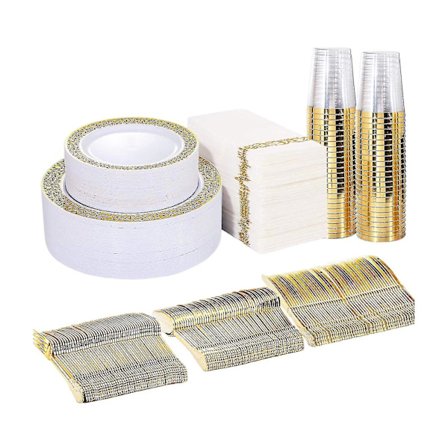 175x Engångstallrikar i Plast för Catering Bröllop Guld Kant