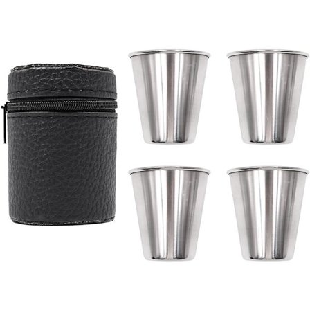 Set med 4 rostfria shotglas 70 ml bärbara vinglas drickskärl med läderfodral