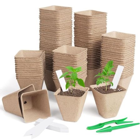 50 biohajoavaa 3 tuuman neliönmuotoista turveruukkua etiketeillä ulkopuutarhan taimitarhoille