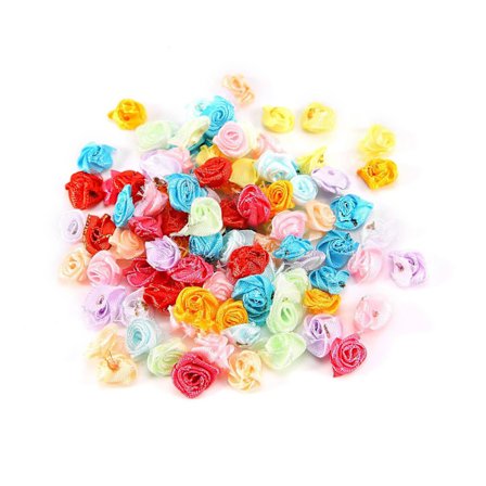 100 st/lot Mini Handgjorda Satin Rose Ribbon Rosetter Tyg Blomma Applikationer för bröllopsdekoration