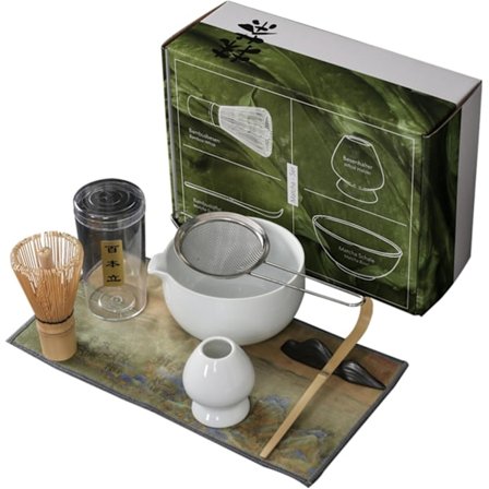 7 osainen matcha-setti, matcha-vispiläsetti sisältää matcha-kulhon, bambuvispilänpitimen, matcha-huivin, teesihdin, kauhanpidikkeen ja teepyyhkeen, 