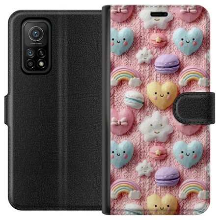 Yhteensopiva Lompakkokotelo Xiaomi Mi 10T 5G Pastellimotiiivi sydämillä, pilvillä, sateenkaarilla ja makaronseilla vaaleanpunaisella taustalla suloise