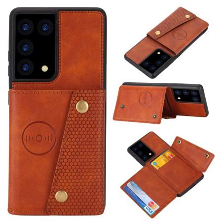 Samsung Galaxy S21 Ultra - Läder Skal Med Kortfack Och Magnet - Brown Brun
